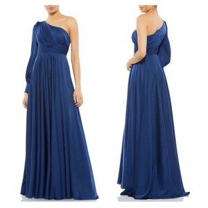 Mac Duggal Size 2 Blue One Shoulder Bishop Sleeve Flowy Satin Maxi Gown Dress